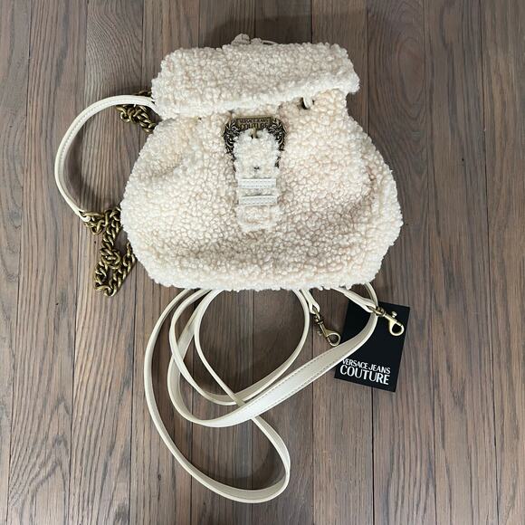 NWOT Versace Jeans Couture Faux Shearling Convertible Mini Backpack Cream & Gold main image 15